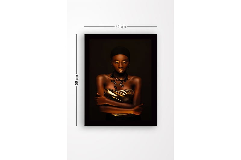 Inramad Canvastavla i trä - 41x56 cm - Porträtt av en kvinna med guldiga detaljer och en elegant pose - Guld / Mörkbrun / Svart - Inredning - Tavlor & konst