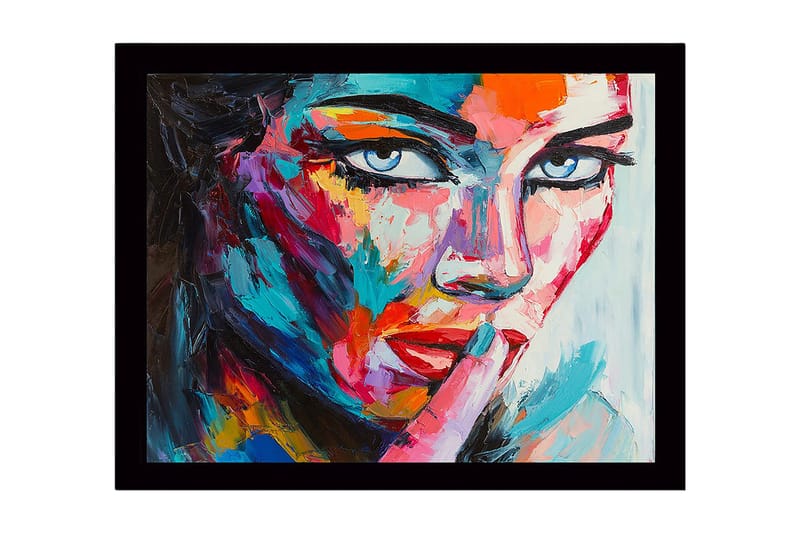 Inramad Canvastavla i trä - 41x56 cm - Porträtt av en kvinna med en mystisk gest, Blå / Röd / Rosa