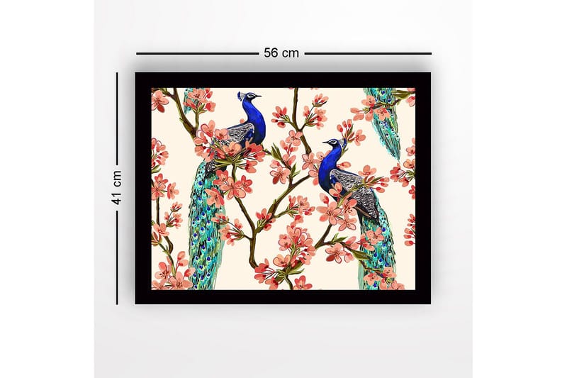 Inramad Canvastavla i trä - 41x56 cm - Påfåglar som sitter bland blommiga grenar - Blå / Rosa / Grön - Inredning - Tavlor & konst