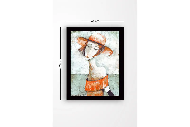 Inramad Canvastavla i trä - 41x56 cm - Porträtt av en kvinna med hatt och röd-orange klädsel - Grön / Röd-orange / Beige - Inredning - Tavlor & konst