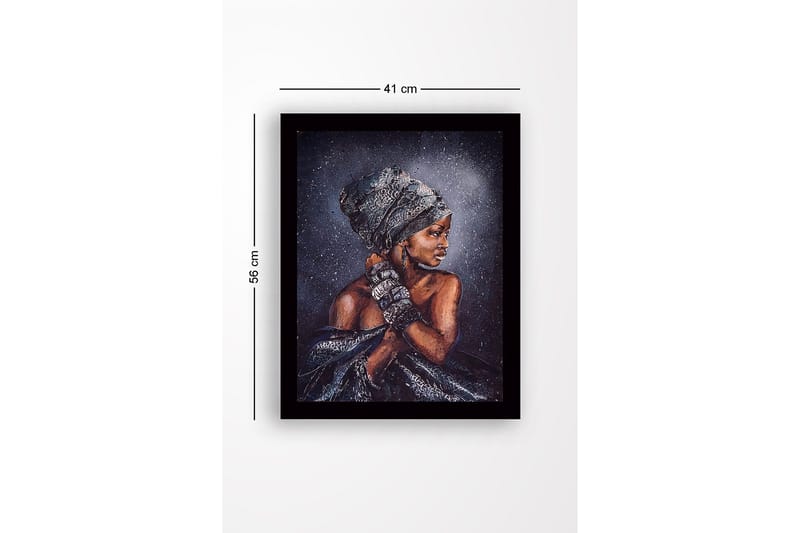 Inramad Canvastavla i trä - 41x56 cm - Porträtt av en kvinna med traditionell huvudduk och smycken - Mörkbrun / Grå / Svart - Inredning - Tavlor & konst