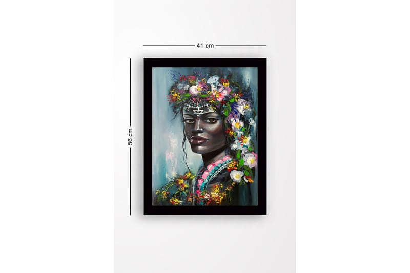 Inramad Canvastavla i trä - 41x56 cm - Porträtt av en kvinna med blommor i håret - Svart / Grön / Rosa - Inredning - Tavlor & konst