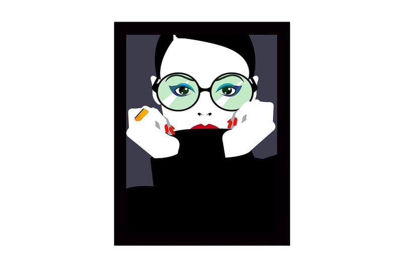 Inramad Canvastavla i trä - 41x56 cm - Porträtt av en kvinna med stora glasögon och röd läppstift, Svart / Vit / Grön