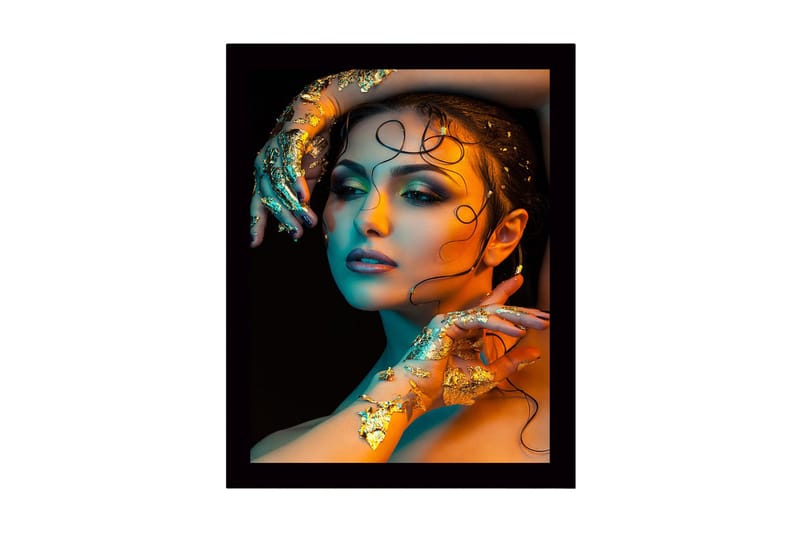 Inramad Canvastavla i trä - 41x56 cm - Porträtt av en kvinna med guldiga detaljer och färgglad belysning, Guld / Turkos / Orange