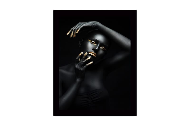 Inramad Canvastavla i trä - 41x56 cm - Porträtt av en kvinna med svart kroppsmålning och guldiga detaljer, Svart / Guld
