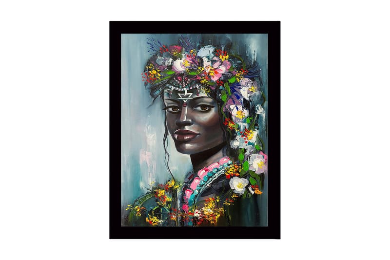 Inramad Canvastavla i trä - 41x56 cm - Porträtt av en kvinna med blommor i håret, Svart / Grön / Rosa