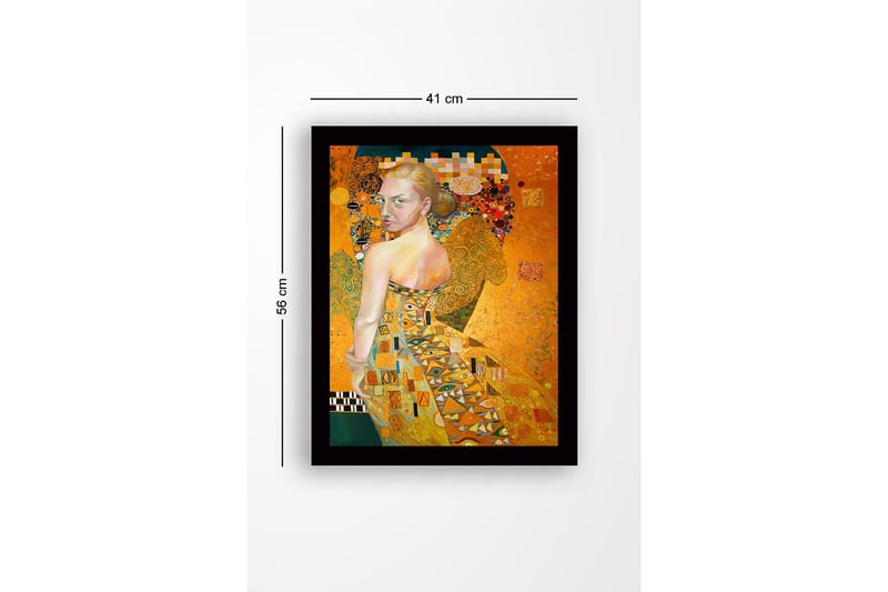 Inramad Canvastavla i trä - 41x56 cm - Porträtt av en kvinna med en gyllene klänning och detaljerade mönster - Guld / Beige / Grön - Inredning - Tavlor & konst