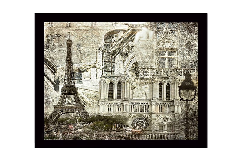 Inramad Canvastavla i trä - 41x56 cm - Parisisk stadslandskap med ikoniska byggnader - Grå / Svart / Vit - Inredning - Tavlor & konst