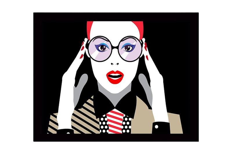 Inramad Canvastavla i trä - 41x56 cm - Porträtt av en kvinna med stora glasögon och röd läppstift, Röd / Svart / Vit