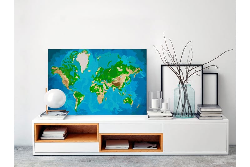 Gör-det-själv Målningar World Map Blue & Green 60x40 cm - Artgeist sp. z o. o. - Gör det själv tavla