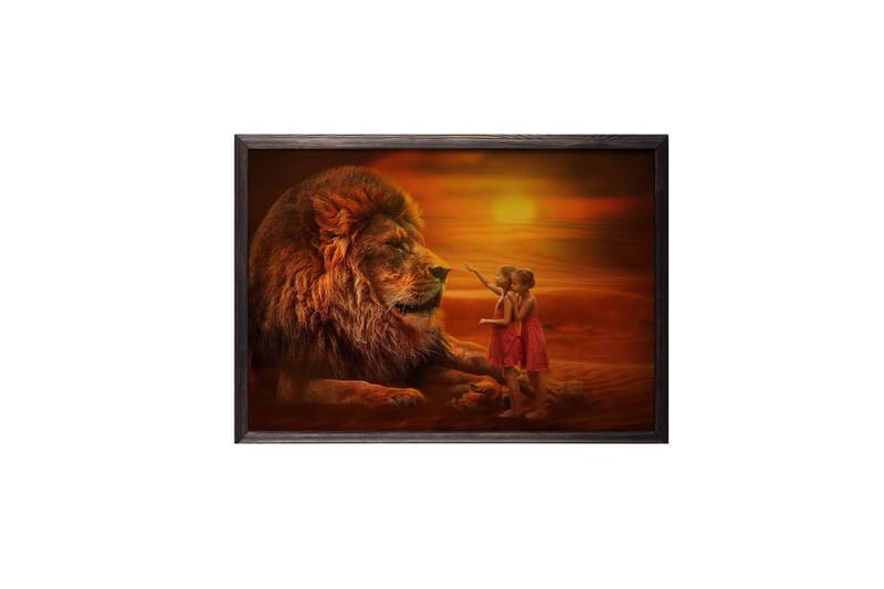 Girls Looking At Lion Foto Orange - 70x50 cm - Inredning - Tavlor & konst - Posters & prints