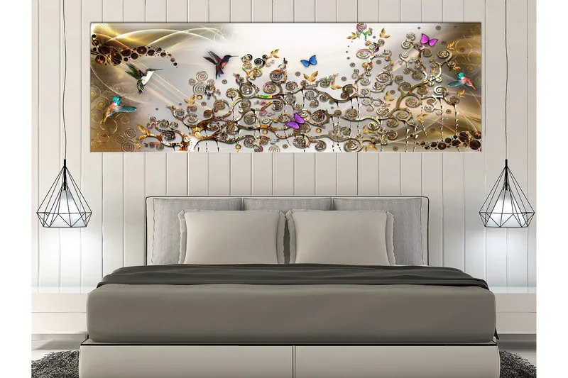 Tavla Hummingbirds Dance (1 Part) Gold Narrow 150x50, Artgeist sp. z o. o.