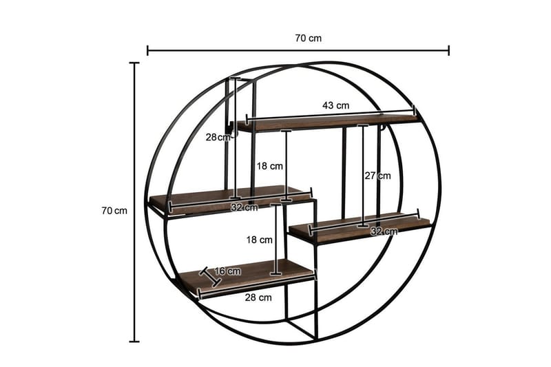 Vägghylla Wohnling Runt massivt trä metallram väggmonterad industriell - Förvaring - Hylla - Vägghylla