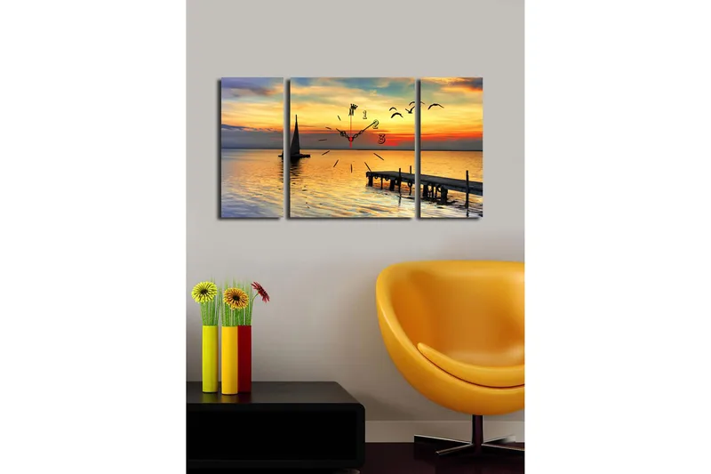 Dekorativ Canvasmålning med Klocka 3 Delar - Flerfärgad - Inredning - Väggdekor - Väggklocka & väggur