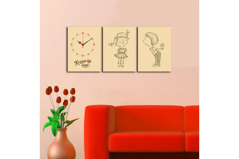 Dekorativ Canvasmålning med Klocka 3 Delar - Flerfärgad - Inredning - Väggdekor - Väggklocka & väggur