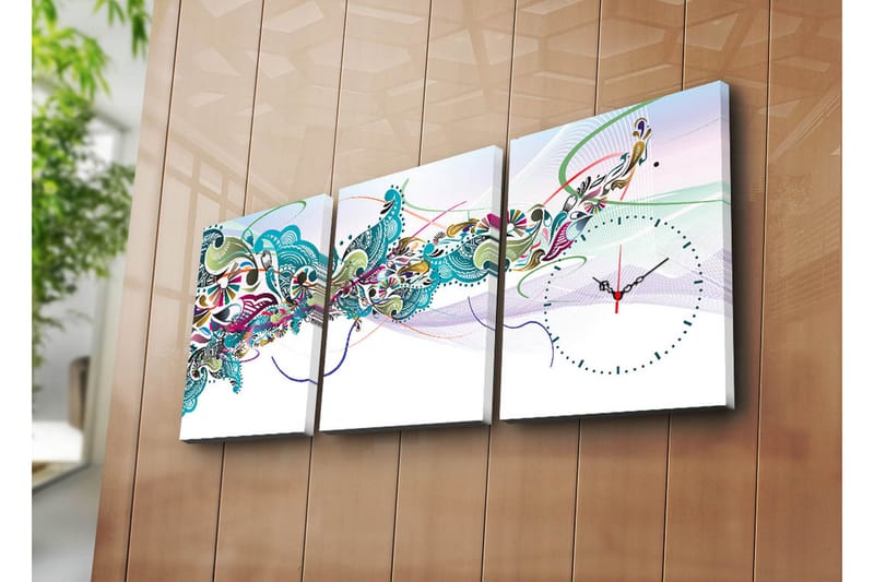 Dekorativ Canvasmålning med Klocka 3 Delar - Flerfärgad - Väggklocka & väggur
