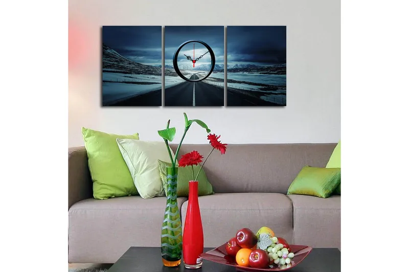 Dekorativ Canvasmålning med Klocka 3 Delar - Flerfärgad - Inredning - Väggdekor - Väggklocka & väggur