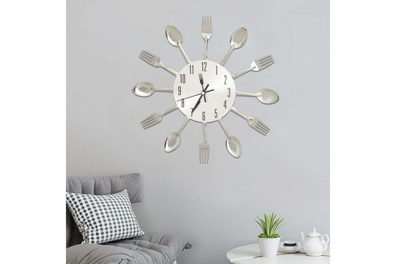 Väggklocka med sked- och gaffeldesign silver 31 cm aluminium - Silver - Inredning - Väggdekor - Väggklocka & väggur