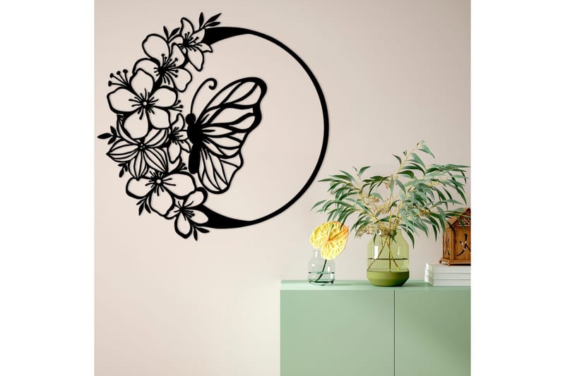 Butterfly And Flower Väggdekor - Svart - Inredning - Väggdekor - Skylt - Plåtskyltar