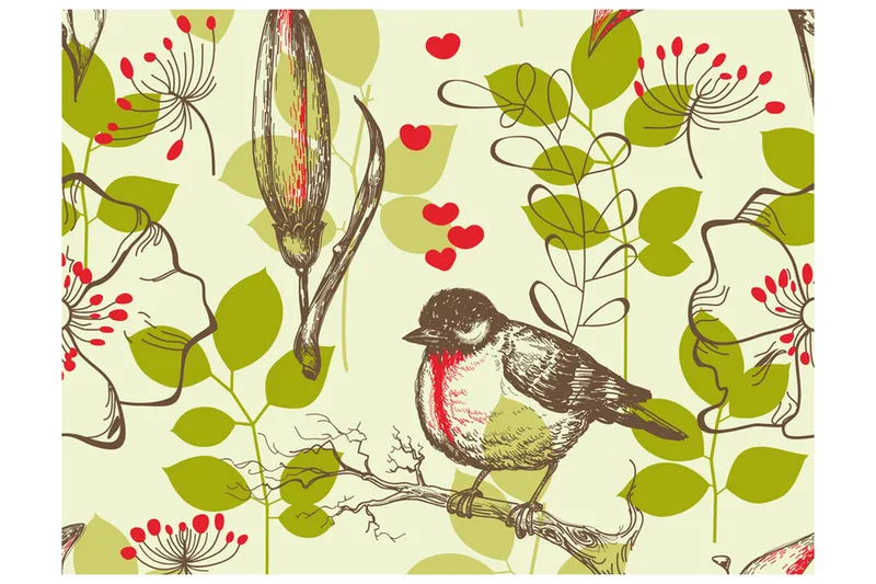 Fototapet Fågel Och Liljor Vintage Mönster 400x309, Artgeist sp. z o. o.