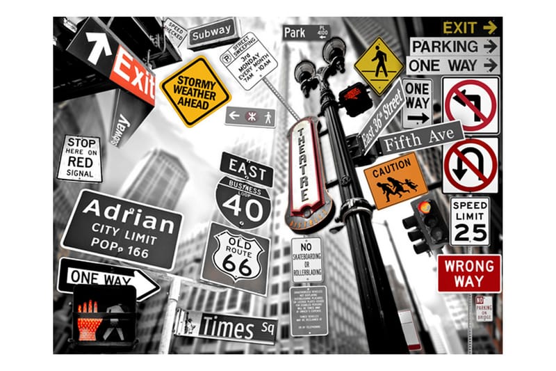 Fototapet NYC Tecken På En Monokrom Bakgrund 250x193 - Artgeist sp. z o. o. - Inredning - Väggdekor - Tapet & tapettillbehör - Fototapet