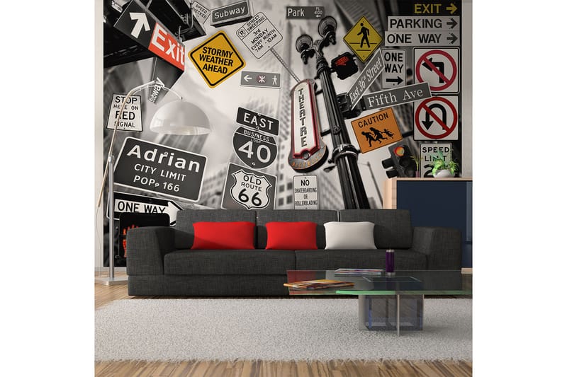 Fototapet NYC Tecken På En Monokrom Bakgrund 350x270 - Artgeist sp. z o. o. - Inredning - Väggdekor - Tapet & tapettillbehör - Fototapet