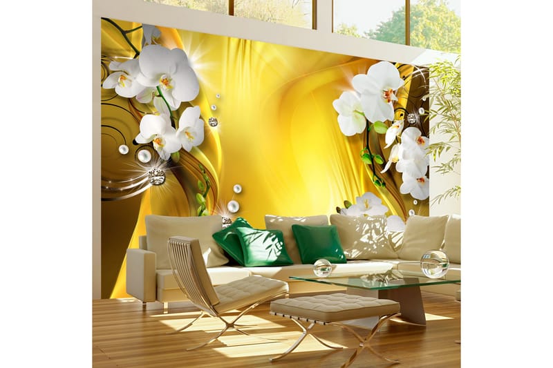 Fototapet Orchid In Gold 300x210 - Artgeist sp. z o. o. - Inredning - Väggdekor - Tapet & tapettillbehör - Fototapet