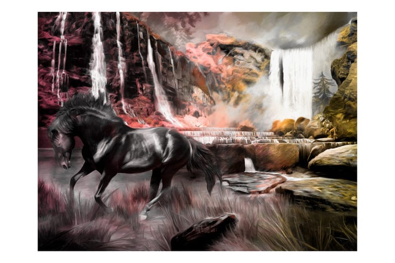 Fototapet Svart Häst Med Ett Vattenfall 350x270, Artgeist sp. z o. o.