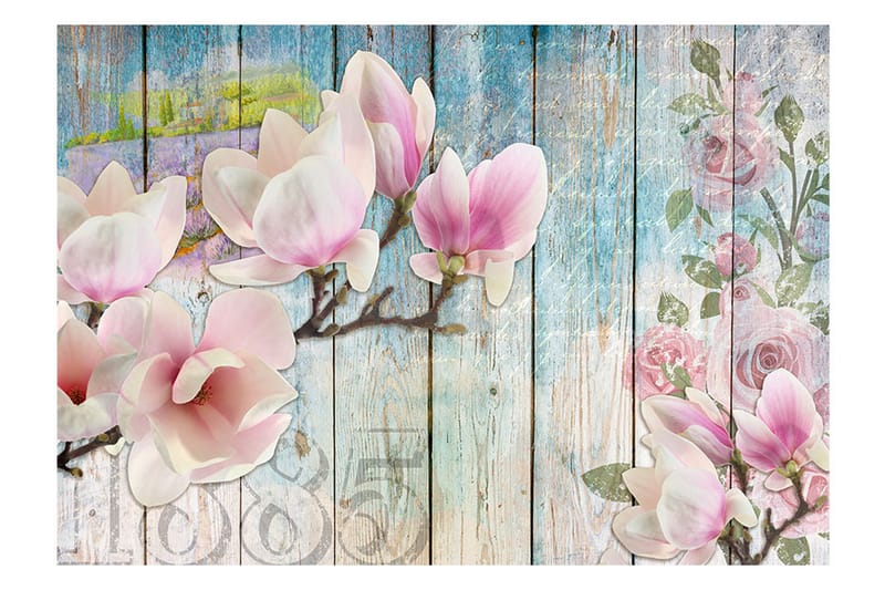Fototapet Pink Flowers On Wood 200x140 - Artgeist sp. z o. o. - Inredning - Väggdekor - Tapet & tapettillbehör - Fototapet