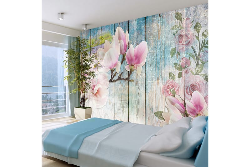 Fototapet Pink Flowers On Wood 400x280, Artgeist sp. z o. o.
