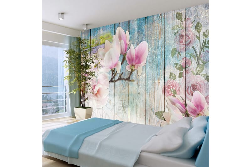 Fototapet Pink Flowers On Wood 400x280, Artgeist sp. z o. o.