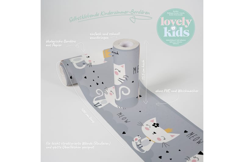 Självhäftande border Meow Cats Grå Vit Svart - AS Creation - Inredning - Väggdekor - Tapet & tapettillbehör - Tapettillbehör - Tapetbård