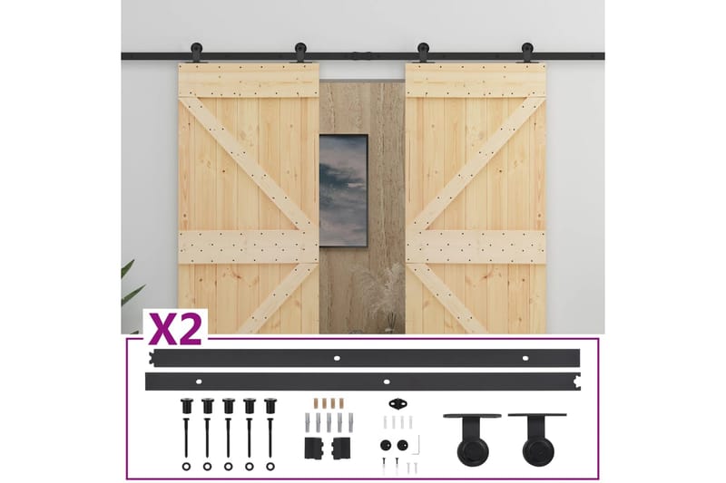 Skjutdörr med beslag 80x210 cm massiv furu - Brun - Hus & renovering - Bygg - Dörrar & Portar - Skjutdörrar