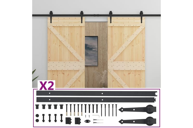 Skjutdörr med beslag 80x210 cm massiv furu - Brun - Hus & renovering - Bygg - Dörrar & Portar - Skjutdörrar