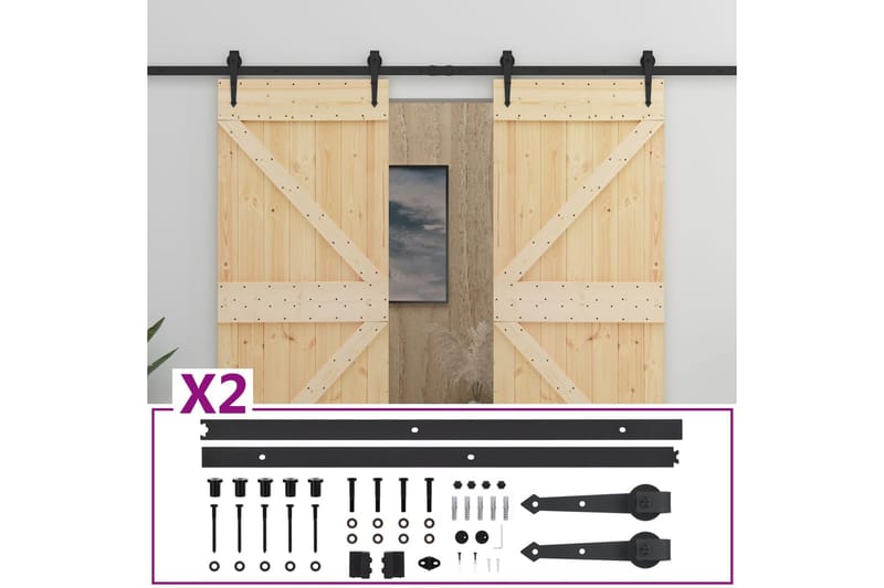 Skjutdörr med beslag 80x210 cm massiv furu - Brun - Hus & renovering - Bygg - Dörrar & Portar - Skjutdörrar