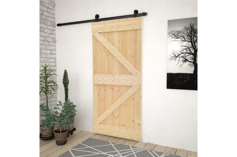 Skjutdörr med beslag 80x210 cm massiv furu - Brun - Hus & renovering - Bygg - Dörrar & Portar - Skjutdörrar