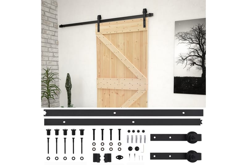 Skjutdörr med beslag 90x210 cm massiv furu - Brun - Hus & renovering - Bygg - Dörrar & Portar - Skjutdörrar