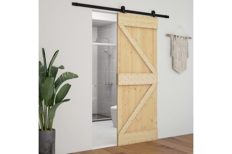Skjutdörr med beslag 90x210 cm massiv furu - Brun - Hus & renovering - Bygg - Dörrar & Portar - Skjutdörrar