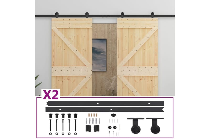 Skjutdörr med beslag 90x210 cm massiv furu - Brun - Hus & renovering - Bygg - Dörrar & Portar - Skjutdörrar