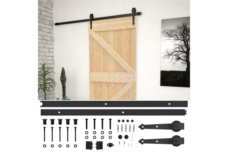 Skjutdörr med beslag 90x210 cm massiv furu - Brun - Hus & renovering - Bygg - Dörrar & Portar - Skjutdörrar