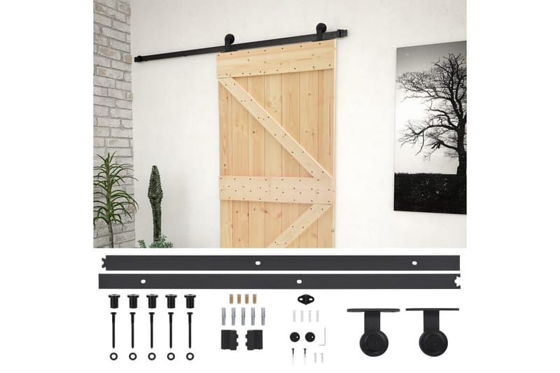 Skjutdörr med beslag 90x210 cm massiv furu - Brun - Hus & renovering - Bygg - Dörrar & Portar - Skjutdörrar