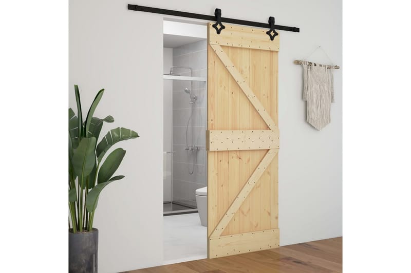 Skjutdörr med beslag 80x210 cm massiv furu - Brun - Hus & renovering - Bygg - Dörrar & Portar - Skjutdörrar