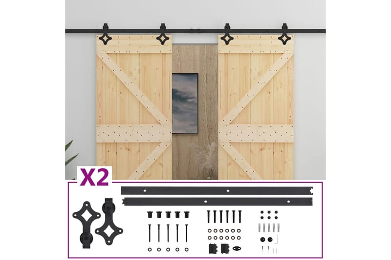 Skjutdörr med beslag 90x210 cm massiv furu - Brun - Hus & renovering - Bygg - Dörrar & Portar - Skjutdörrar