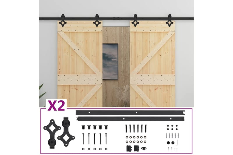 Skjutdörr med beslag 90x210 cm massiv furu - Brun - Hus & renovering - Bygg - Dörrar & Portar - Skjutdörrar