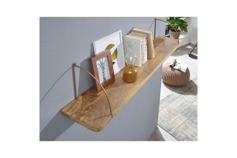 Vägghylla Wohnling massivt trä, metallhänghylla, industriell loftstil 120 cm - 120 cm - Förvaring - Hylla - Vägghylla