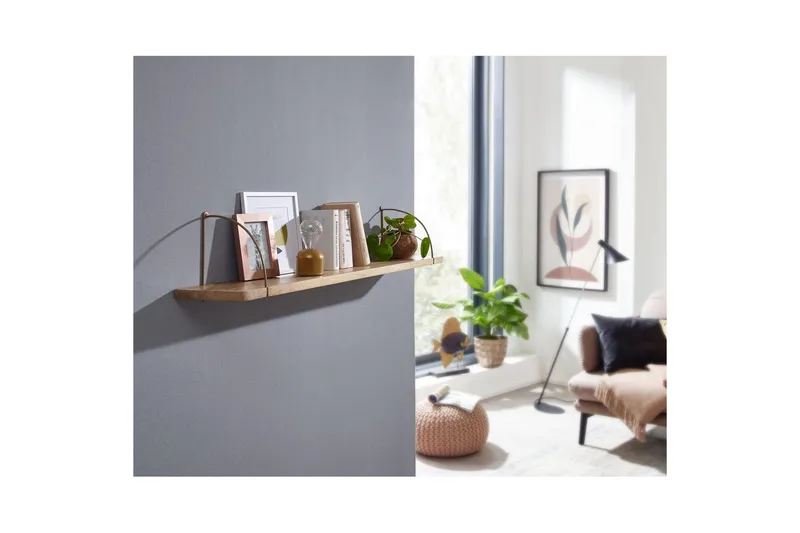 Vägghylla Wohnling massivt trä, metallhänghylla, industriell loftstil 120 cm - 120 cm - Förvaring - Hylla - Vägghylla