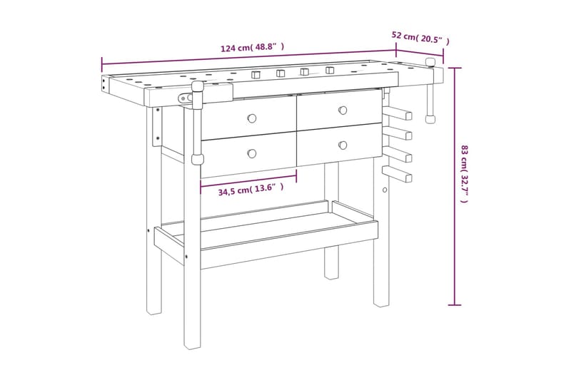 beBasic Arbetsbänk med låda och skruvstycken 124x52x83 cm akaciaträ - Brown - Garageinredning & garageförvaring - Arbetsbänk