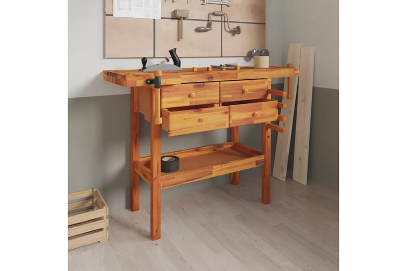beBasic Arbetsbänk med låda och skruvstycken 124x52x83 cm akaciaträ - Brown - Hus & renovering - Garage & verkstad - Garageinredning & garageförvaring