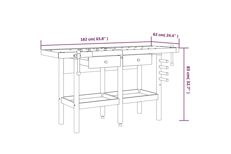 beBasic Arbetsbänk med låda och skruvstycken 162x62x83 cm akaciaträ - Brown - Garageinredning & garageförvaring - Arbetsbänk