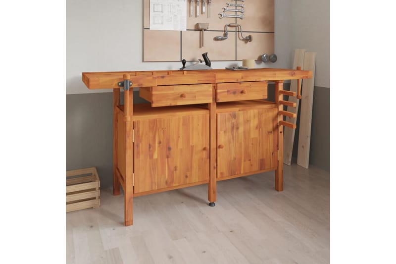 beBasic Arbetsbänk med låda och skruvstycken 162x62x83 cm akaciaträ - Brown - Hus & renovering - Garage & verkstad - Garageinredning & garageförvaring